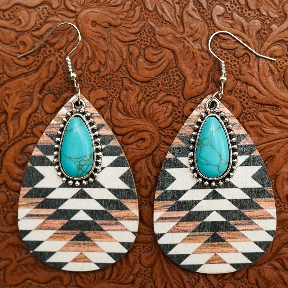 Southwestern Style Mixed Media Drop Earrings with Natural Stone Detail